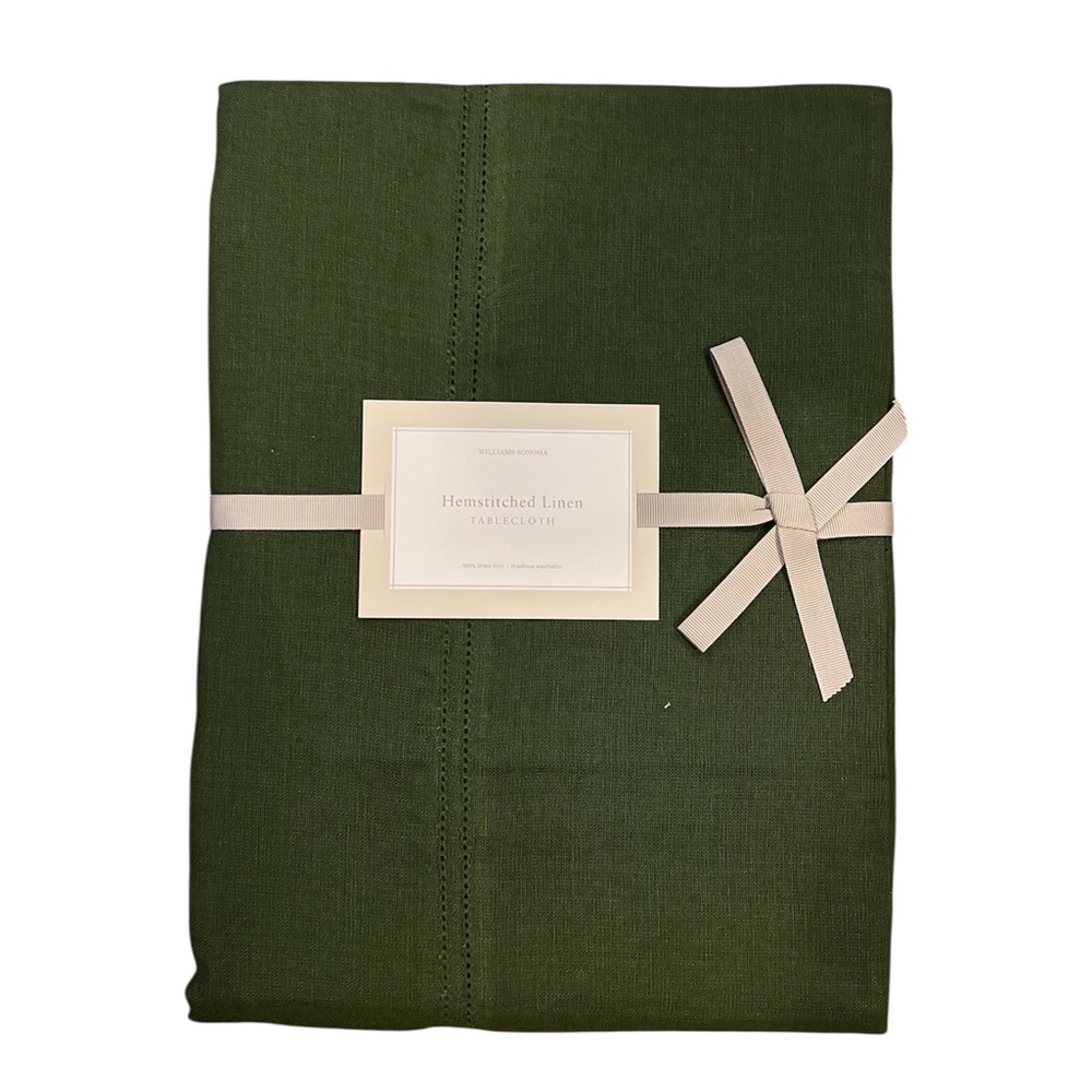 NEW Linen Williams Sonoma Green Hemstitched Tablecloth